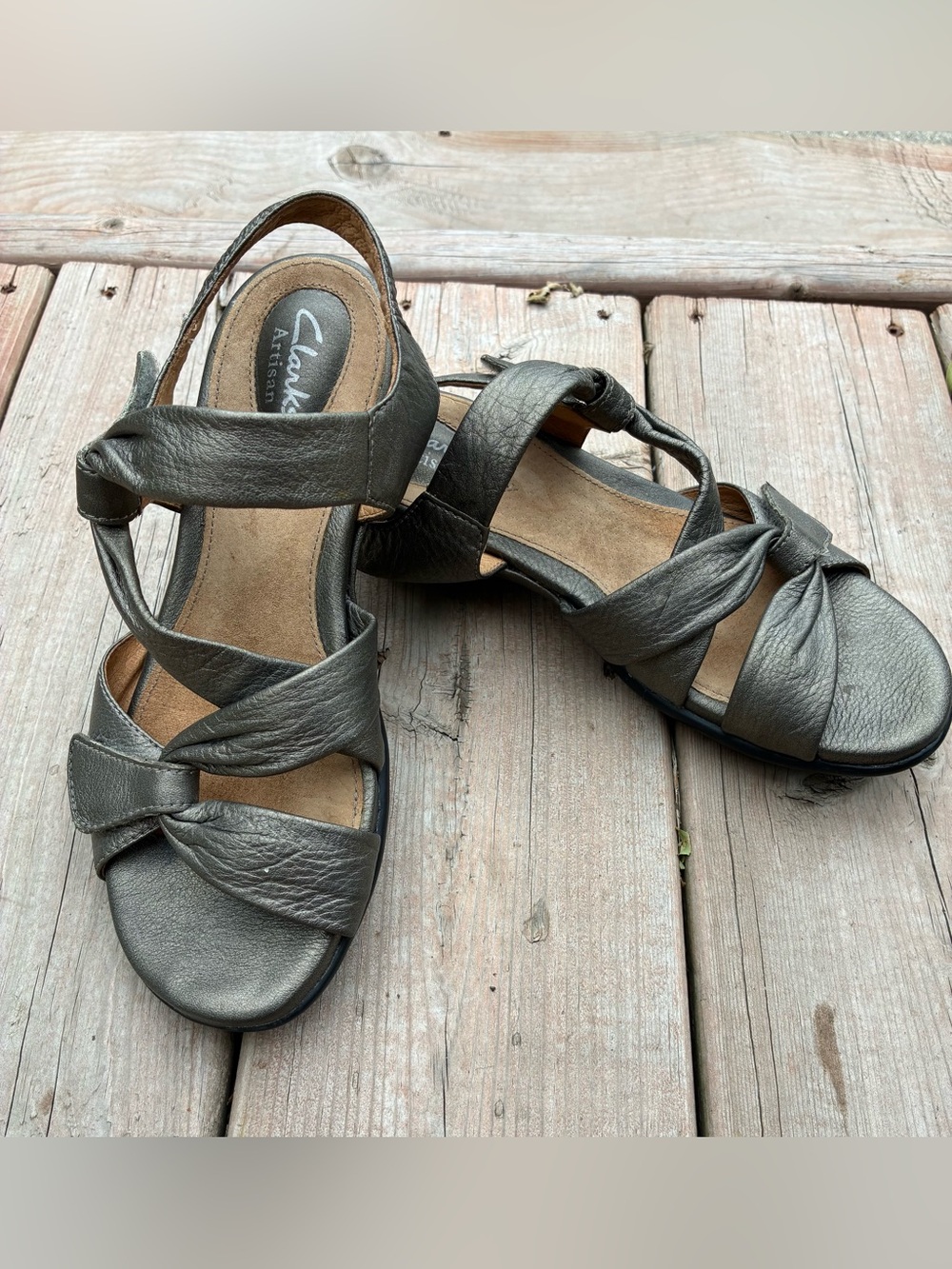 Clarks Metallic Gray Leather Crisscross Slingback Sandals